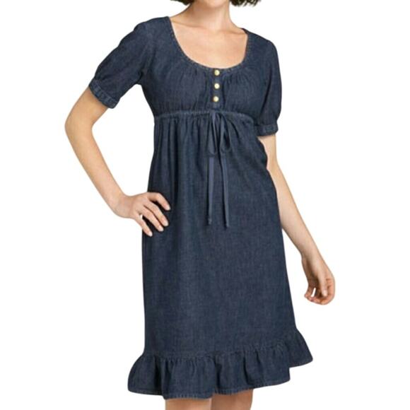 Fleur De Vie Primrose Denim Dress S Blue Babydoll Empire Ruffled Hem Timeless - Picture 1 of 15